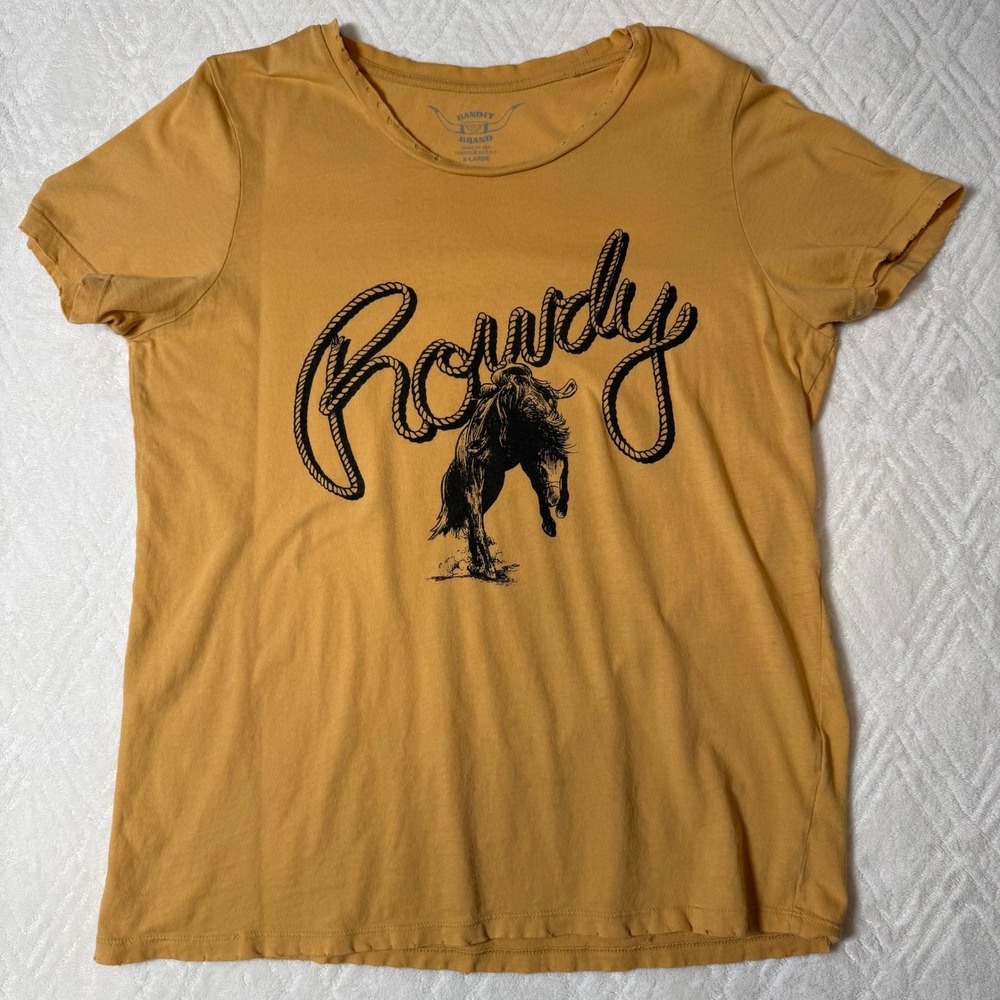 Western Cowboy Graphic Tee Bandit Brand Roudy Distressed T-Shirt XL USA